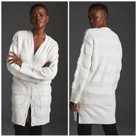 Anthropologie Daily Practice Long Chunky Cardigan Sweater Striped Button - Picture 1 of 9